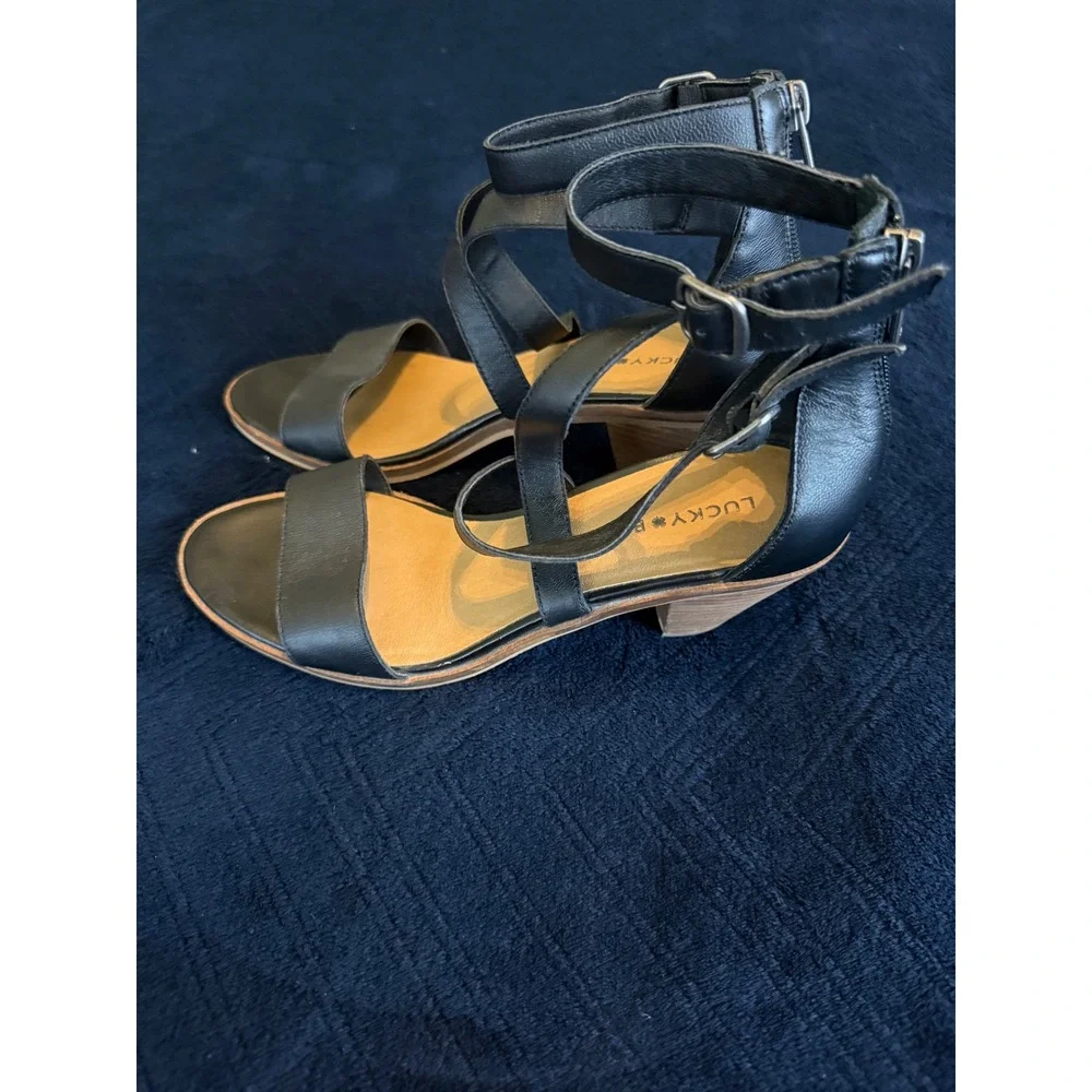 Lucky Brand LK-RESSIA Black Leather Multi‎ Strap Block Heel Sandals Womens 7M